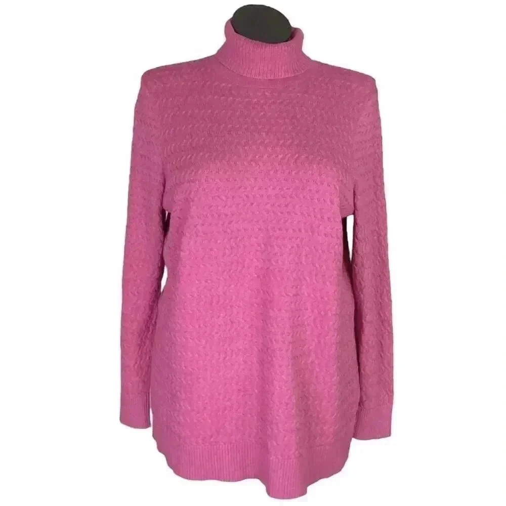 Lands End Sweater Women 18 Pink Cotton Cable Knit Turtleneck Long Sleeve